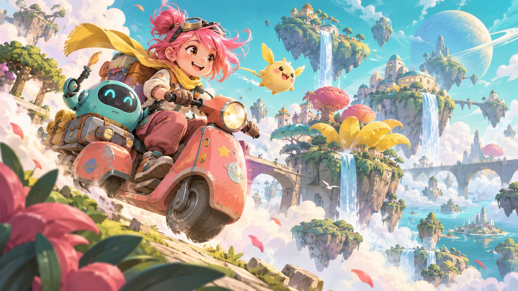 A pink-haired space courier and playful companions exploring a colorful floating world